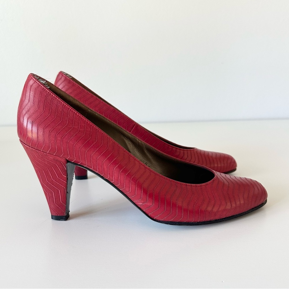Vintage Xavier Danaud Paris Red Chevron Embossed Leather Pumps